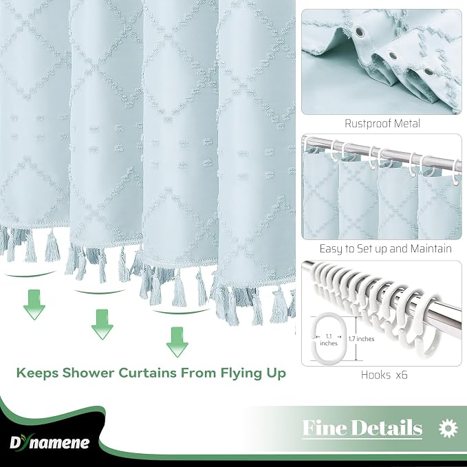 Stall Boho Shower Curtain Tufted Geometric 36"x72" Fog Blue | Narrow Half Size, Elegant Tassel, Soft Lightweight Textured Fabric, Water Repellent, Washable, for Bathroom/Dorm 6 Hooks