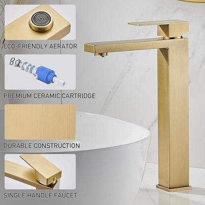 Brushed Gold Vessel Sink Faucet, 1 Hole Single Handle Tall Bathroom Vanity Faucets, Modern Utility Rv Laundry Bath Restroom Mixer Tap with Metal Pop Up Drain and 2 Water Supply Lines
