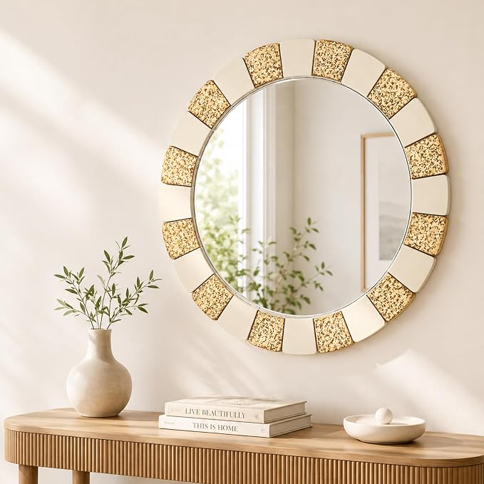 Saliwa 27 Inch Round Bathroom Mirror, Wood Framed Wall Mirror, Rustic Farmhouse Round Mirror for Vanity, Entryway, Living Room, Bedroom and Hallway