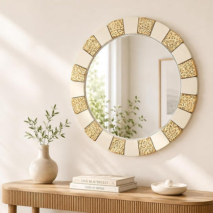 Saliwa 27 Inch Round Bathroom Mirror, Wood Framed Wall Mirror, Rustic Farmhouse Round Mirror for Vanity, Entryway, Living Room, Bedroom and Hallway
