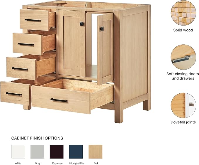 ARIEL Cambridge 36-inch Bathroom Vanity Base Cabinet,Solid Wood, 2 Soft Closing Doors, 5 Dovetail Drawers, White Oak