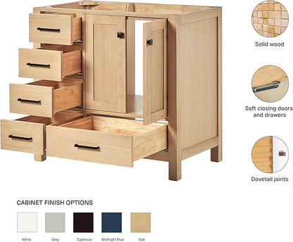 ARIEL Cambridge 36-inch Bathroom Vanity Base Cabinet,Solid Wood, 2 Soft Closing Doors, 5 Dovetail Drawers, White Oak