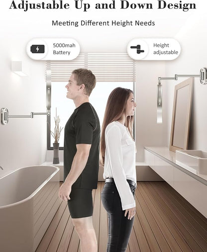 20X 9" Wall Mounted Magnifying Makeup Mirror with Light Height Adjustable | 5000mAh Double Sided Rechargeable LED Lighted Vanity Mirror with Magnification 3 Color Light up Extended Arm 360 Rotation