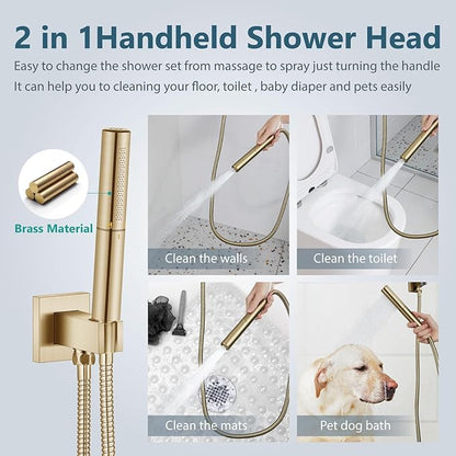 Aolemi Shower Faucet Set, High Pressure Shower System with 2-in-1 Handheld Sprayer, Wall Mount Fixture Combo with Rough-in Valve, 10 Inch Shower Head, Brushed Gold