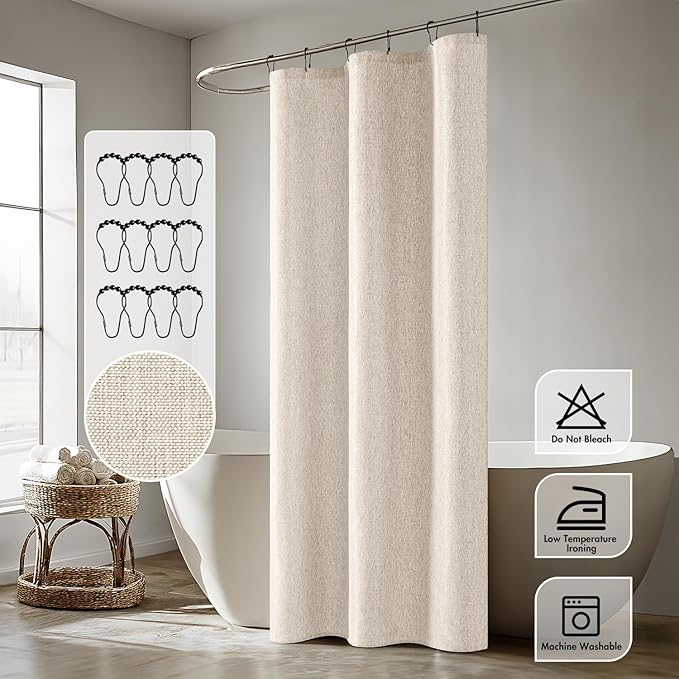 ANRODUO Cream Linen Shower Curtain, Boho Farmhouse Fabric Shower Curtain Set with 6 Metal Hooks, Waterproof Heavy Duty Textured Polyester, Button Hole Design, Machine Washable for Bathroom, W36xL72