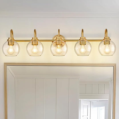 Bathroom Light Fixtures, 5-Light Brushed Gold Vanity Lights with Globe Clear Glass, 35 Inch Champagne Bronze Vanity Lighting Fixtures Over Mirror, AD-22280-5W-GD