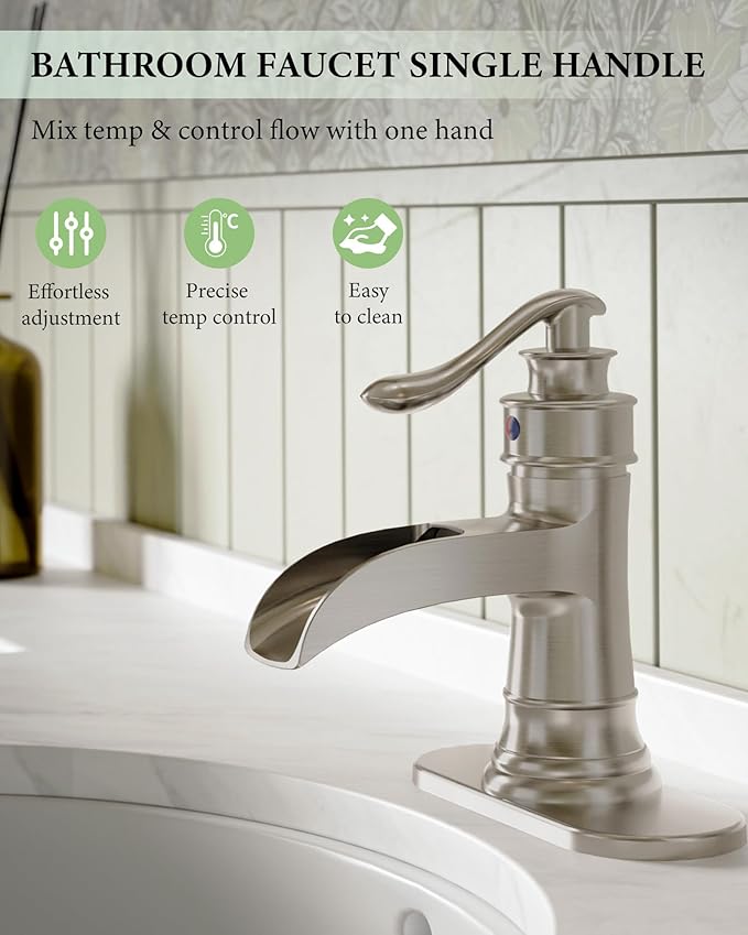 Homevacious Bathroom Faucet Brushed Nickel Waterfall Bathroom Sink Faucets with Single Handle Rustic Vanity Farmhouse RV Faucet Suitable for 1 or 3 Holes with Pop-up Drain Deck Plate Hose