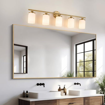 Jonsi Gold Bathroom Light Fixtures 5-Light Vanity Lights Modern Wall Sconce with Milk White Shade Brushed Brass Bathroom Light Fixture Over Mirror for Bedroom Hallway Kitchen