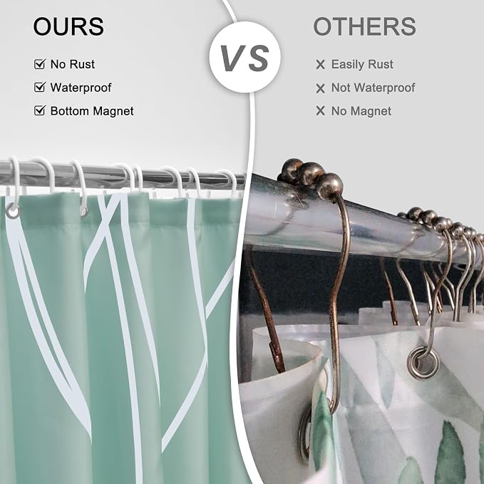 Striped Shower Curtain for Bathroom, Light Green, 72" W x 72" L | with Hooks, Modern Hotel Style, Water Repellent, Washable, Weighted Hem