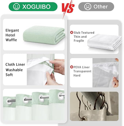 No Hook Shower Curtain with Liner Set Hotel Waffle Mint Green 72W X 75L | Washable Snap in Fabric Liner, Mesh Top Window, Waffle Hotel Style Shower Curtain Set