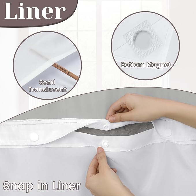 SORTTO No Hook Slub Shower Curtain with Liner, 48x74, Grey | Snap in Liner, 3 in 1, Bamboo Texture, Hotel Style, Waterproof Fabric, Mesh Top Window, Corner Magnets, Machine Washable