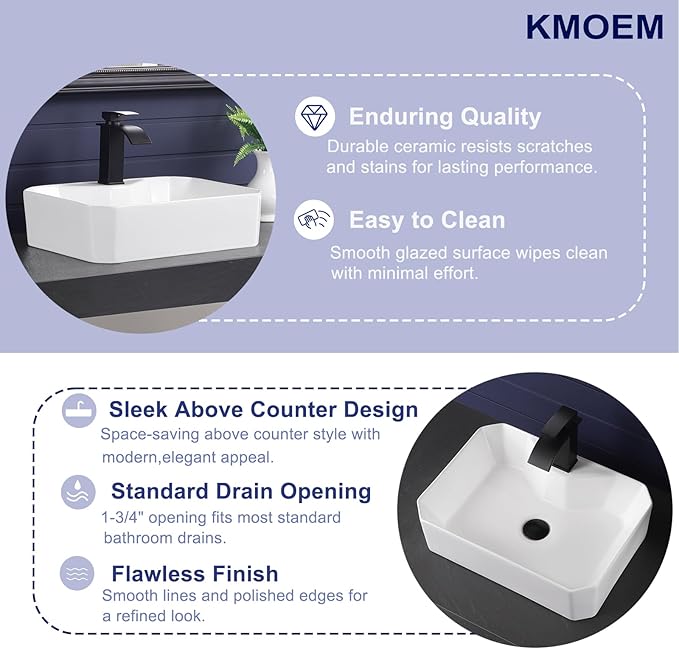 Vessel Sink 20"x15" Rectangular Bathroom Sink Modern White Porcelain Ceramic Above Counter Drop-in Vanity Sink for Bathrooms Art Basin with Faucet Hole