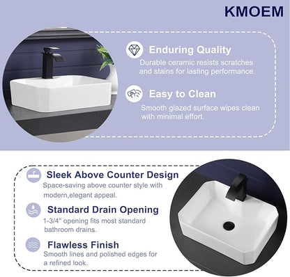 Vessel Sink 20"x15" Rectangular Bathroom Sink Modern White Porcelain Ceramic Above Counter Drop-in Vanity Sink for Bathrooms Art Basin with Faucet Hole