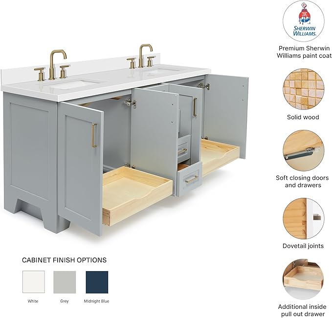 DKB Emilia 72 Inch Bathroom Vanity Double Sink — Grey Bathroom Vanity with Sink, 1.5" Edge Pure White Quartz Countertop & Backsplash, 4 Soft-Close Doors, and 6 Dovetail Drawers