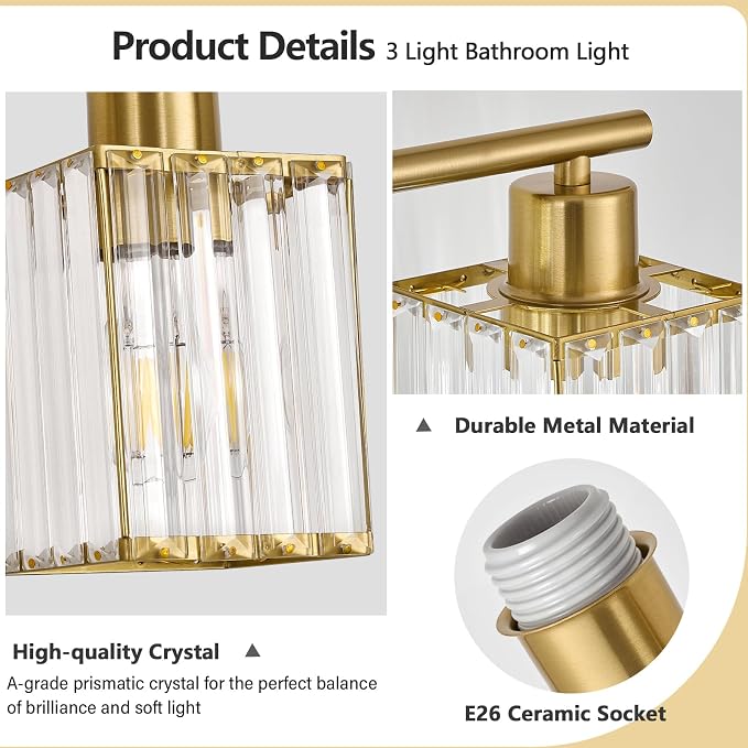 3 Light Bathroom Light Fixtures, Modern Crystal Vanity Lights over Mirror | Metal Frame, Bathroom Light with Square Crystal Shade, ETL Certified, E26 Ceramic Socket, Bulbs Not Included