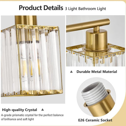 3 Light Bathroom Light Fixtures, Modern Crystal Vanity Lights over Mirror | Metal Frame, Bathroom Light with Square Crystal Shade, ETL Certified, E26 Ceramic Socket, Bulbs Not Included