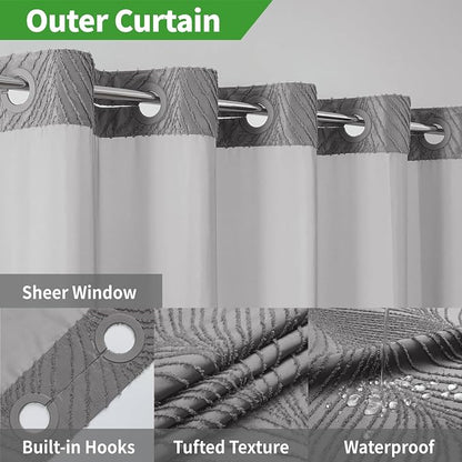 eachope no Hook Shower Curtain and Liner Set，Boho Style with See Through Top Window, Black Fabric Tufted Striped Textured Outer Curtain & Waterproof Inner Liner, Grey/Gray, 71Wx80H