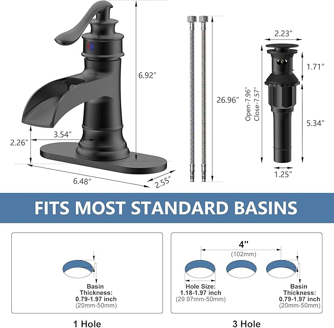 Black Bathroom Faucet Matte Waterfall Sink Farmhouse Vanity Single Hole Faucets One Handle Basin Antique centerset with Pop Up Drain Stopper Mixer Tap Overflow Supply Line by Homevacious