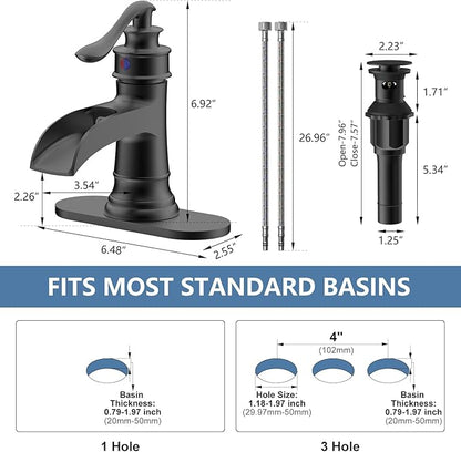 Black Bathroom Faucet Matte Waterfall Sink Farmhouse Vanity Single Hole Faucets One Handle Basin Antique centerset with Pop Up Drain Stopper Mixer Tap Overflow Supply Line by Homevacious