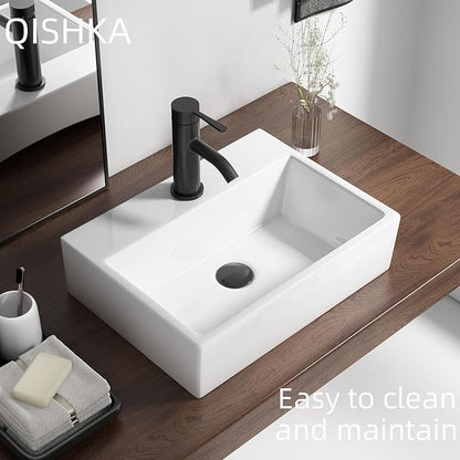 Wall Mounted Bathroom Vessel Sink, QISHKA 19" X 14" Rectangular Floating Ceramic Wash Hand Basin White Wall Hung Vanity Sink for Bathroom and Cloakroom