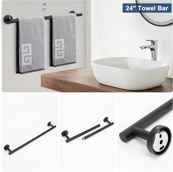 NearMoon 10 Pieces Bathroom Hardware Set SUS304 Thicken Stainless Steel-Towel Rack Kit Include 24" Towel Rod + Bath Towel Ring + Toilet Paper Holder + Robe Towel Hooks Bath Accessories (Matte Black)