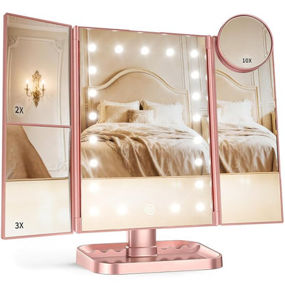 HUONUL 2X/3X/10X Magnifying Vanity Mirror with Light, Trifold Makeup Mirror | Touch Dimming, Dual Power, Clear View for Makeup, Skincare. Dorm Room Essentials. Birthday Gifts for Women, Mom, Wife, Girls