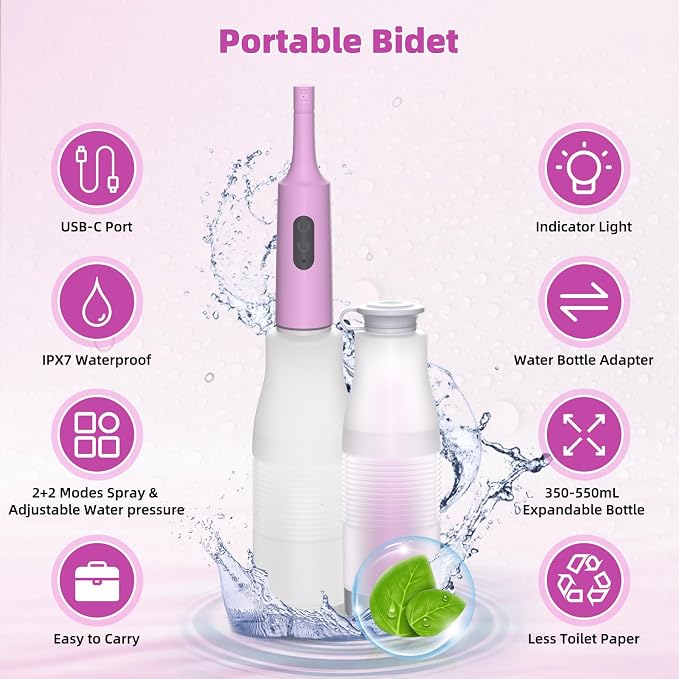 Hibbent Portable Bidet for Travel, High Pressure Electric Handheld Bidet Sprayer, 350-550ML Expandable Bottle for Personal Hygiene, USB-C Rechargeable Waterproof, Travel Sprayer for Women & Men, Pink