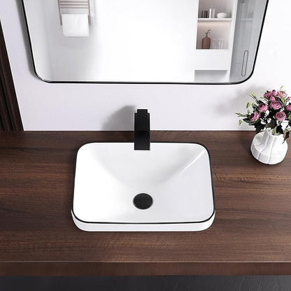 Bathroom Vessel Sink 18.2'' x 13.3'' Semi Recessed Bathroom Sink Rectangular Drop-in Vanity Sink with Overflow White with Black Rim Ceramic Modern Art Basin