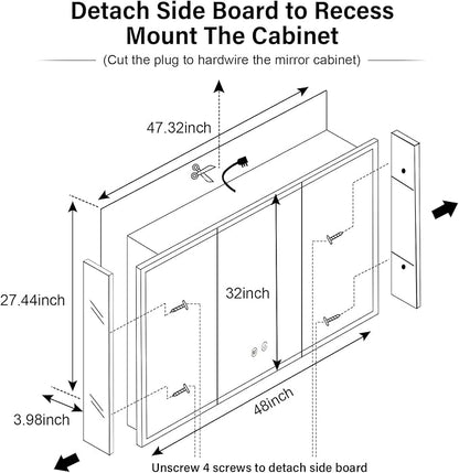 48×32inch Medicine Cabinet with Light,Recess Medicine Cabinet for Bathroom,3 Color,Dimmable,Demister,Detachable Side Plate for Recess Mount or Surface Mount