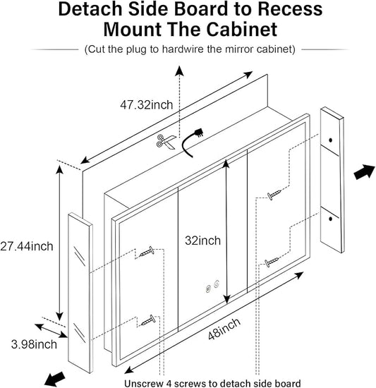48×32inch Medicine Cabinet with Light,Recess Medicine Cabinet for Bathroom,3 Color,Dimmable,Demister,Detachable Side Plate for Recess Mount or Surface Mount