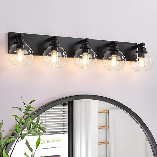 Bathroom Light Fixtures, 5-Light Matte Black Vanity Lights, Modern Bathroom Lighting Fixtures Over Mirror, Farmhouse Vanity Lights with Glass Shade for Living Room, Bedroom, Hallway