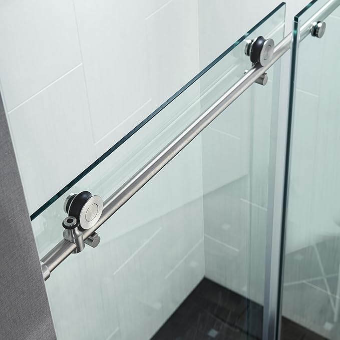 Woodbridge Frameless Single Sliding Shower Doors in Brushed Nickel Finish, 45.5-48" Width x 76" Height with 3/8"(10mm) Clear Tempered Glass, Soft Close System and Explosion-Proof Film, BSDC4876-B
