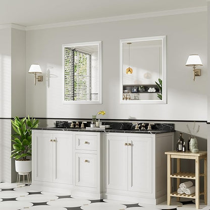 28x36 Inch White Bathroom Mirror for Wall, Thick Metal Framed Rectangle Mirrors for Over Sink, Bedroom, Living Room, Entryway, Anti-Rust, HD Tempered Glass