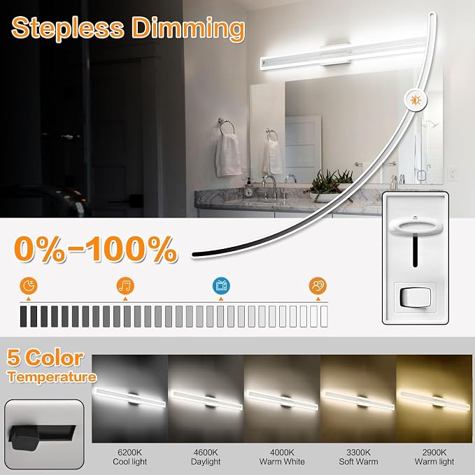 SOLFART Brushed Nickel Vanity Lights for Bathroom 48 Inch 5 Color Adjustable Vanity Lighting Over Mirror 5CCT