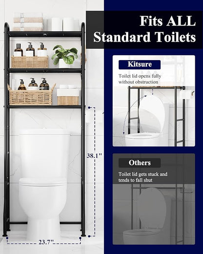 Kitsure Over Toilet Storage Rack - Metal Over Toilet Bathroom Organizer Shelf, Over the Toilet Storage Cabinet with Paper Holder and Hooks, Bathroom Cabinet for Laundry, Black, 3 Tiers (63.2" H)