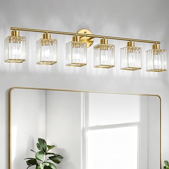 6 Light Bathroom Light Fixtures, Modern Crystal Vanity Lights over Mirror | Metal Frame, Bathroom Light with Square Crystal Shade, ETL Certified, E26 Ceramic Socket, Bulbs Not Included
