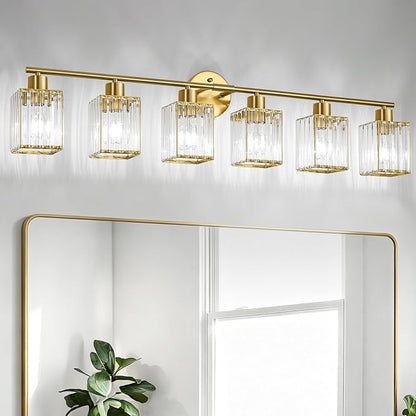 6 Light Bathroom Light Fixtures, Modern Crystal Vanity Lights over Mirror | Metal Frame, Bathroom Light with Square Crystal Shade, ETL Certified, E26 Ceramic Socket, Bulbs Not Included