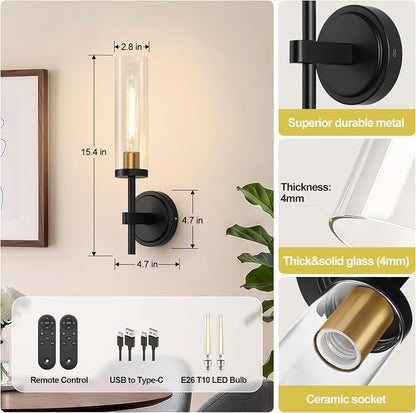 Battery Operated Wall Sconce Set of 2，Black and Gold Wireless Rechargeable Wall Lighting Fixtures with Remote Control，Dimmable Wall Light for Bathroom ，Vanity, Living Room, Bedroom, Hallway, Stairway