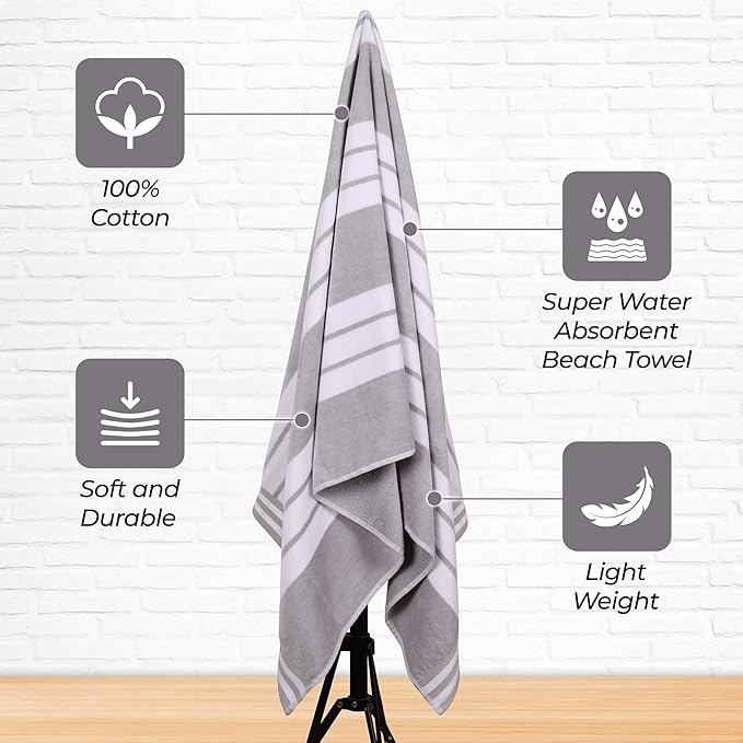 Superior Oversized Cotton Beach Towel Set of 4, Absorbent Towels for Bathroom, Beach, Pool, Swim, Adults, Kids, Vacation, Travel, Bath, Quick Dry Basics, Trip Essentials, Striped Decor, Light Grey