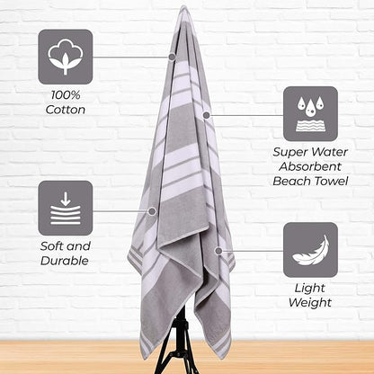 Superior Oversized Cotton Beach Towel Set of 4, Absorbent Towels for Bathroom, Beach, Pool, Swim, Adults, Kids, Vacation, Travel, Bath, Quick Dry Basics, Trip Essentials, Striped Decor, Light Grey