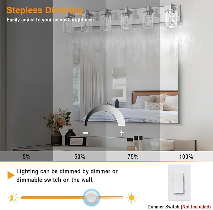 SineRise Vanity Light with 3 Color Modes (3000K/4000K/6000K), Eye Protection LED Bathroom Light Fixture, Dimmable Modern Wall Light Over Mirror with Clear Glass Shade (Chrome, 6-Light)
