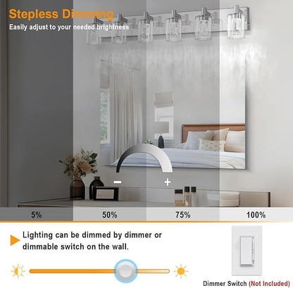 SineRise Vanity Light with 3 Color Modes (3000K/4000K/6000K), Eye Protection LED Bathroom Light Fixture, Dimmable Modern Wall Light Over Mirror with Clear Glass Shade (Chrome, 6-Light)