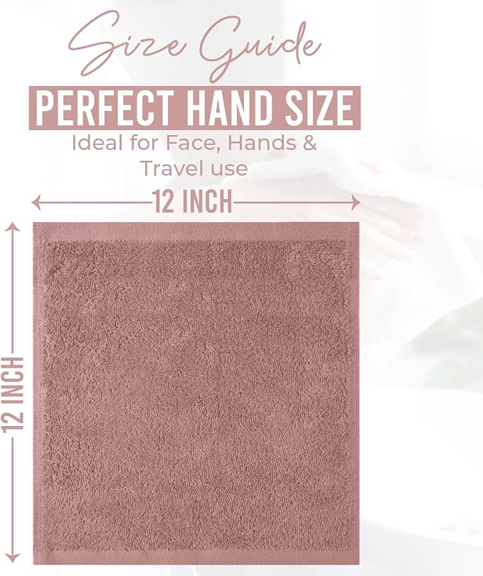 DAN RIVER 12 Pack Cotton Wash Cloths Set for Showering [12x12] Dusty Pink | Lighter Weight, Quick to Dry, Super Soft & Absorbent Face Towels, Hotel Quality, Perfect for Bathroom, Gym, Spa