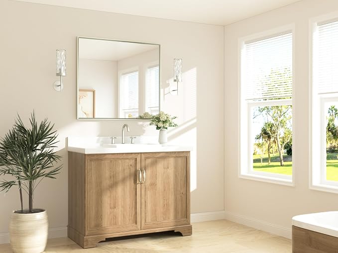 Brushed Nickel Bathroom Mirror for Over Sink 40" x 36" Brushed Nickel Beveled Framed Rectangle Vanity Mirror for Bathroom, Bedroom, Entryway, Living Room, Tempered Glass, Stronger Frame