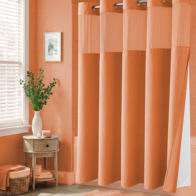 Burnt Orange Hook Free Waffle Shower Curtain & Snap-in Liner,72x75 | Less Time to install, 3 in 1 Fabric Shower Curtain and Liner Set with Magnets, Mesh Top Window, Shower Curtains for Bathroom