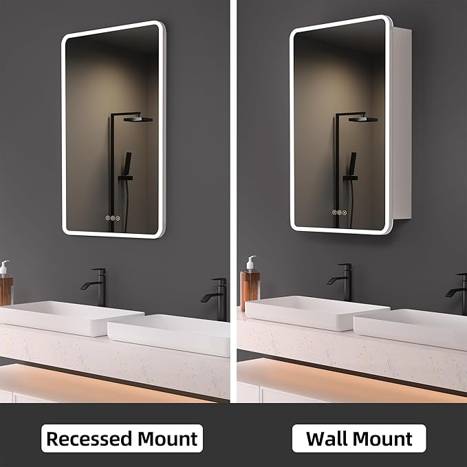 Medicine Cabinet with LED Lights and Mirror, 16 x 24 Inch Surface or Recessed Mounted Bathroom Cabinet with Door, Defogger, Memory Function, 3-Color Mode, Outlet&USB, Dimmer, Storage Shelf
