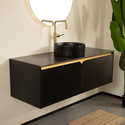 Bathroom Vanity with Sink 48 Inch, Floating Fluted Vanity with Vessel Sink, Modern Wall Mounted Bathroom Vanity Cabinet with 2 Doors, Black Ceramic Sink & Sintered Stone Top, Black