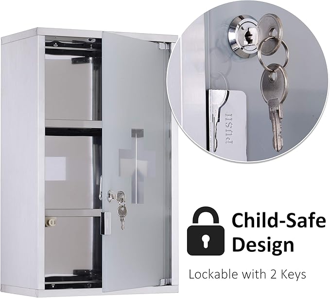 HOMCOM Wall Mounted Medicine Cabinet, Locking Wall Cabinet with 3 Tier Shelves, Stainless Steel Frame and Glass Door, Lockable with 2 Keys, Silver, 12" x 20"