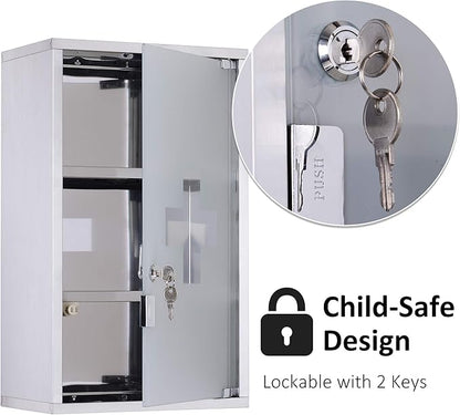 HOMCOM Wall Mounted Medicine Cabinet, Locking Wall Cabinet with 3 Tier Shelves, Stainless Steel Frame and Glass Door, Lockable with 2 Keys, Silver, 12" x 20"