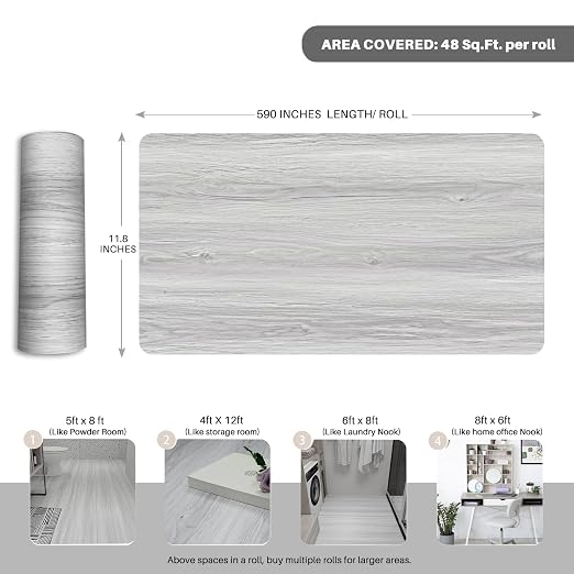 Wood Grain Peel and Stick Floor Tiles, 11.8" W × 590" L, Light Color | Long rolls reduce seams, Low‑maintenance surface, Easy to use, Soft wood‑look finish, Helps protect floors, Waterproof